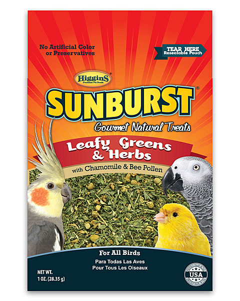 Higgins Sunburst Leafy Greens and Herbs treat for birds, with chamomile, dried greens bird treat